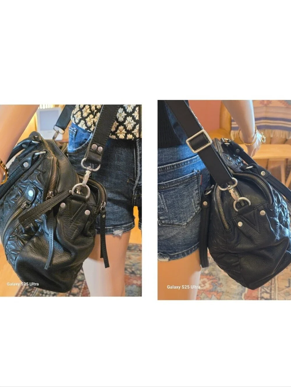BLACK QUILTED Floral Genuine LEATHER Oversized Satchel/Crossbody SLOUCHY EUC